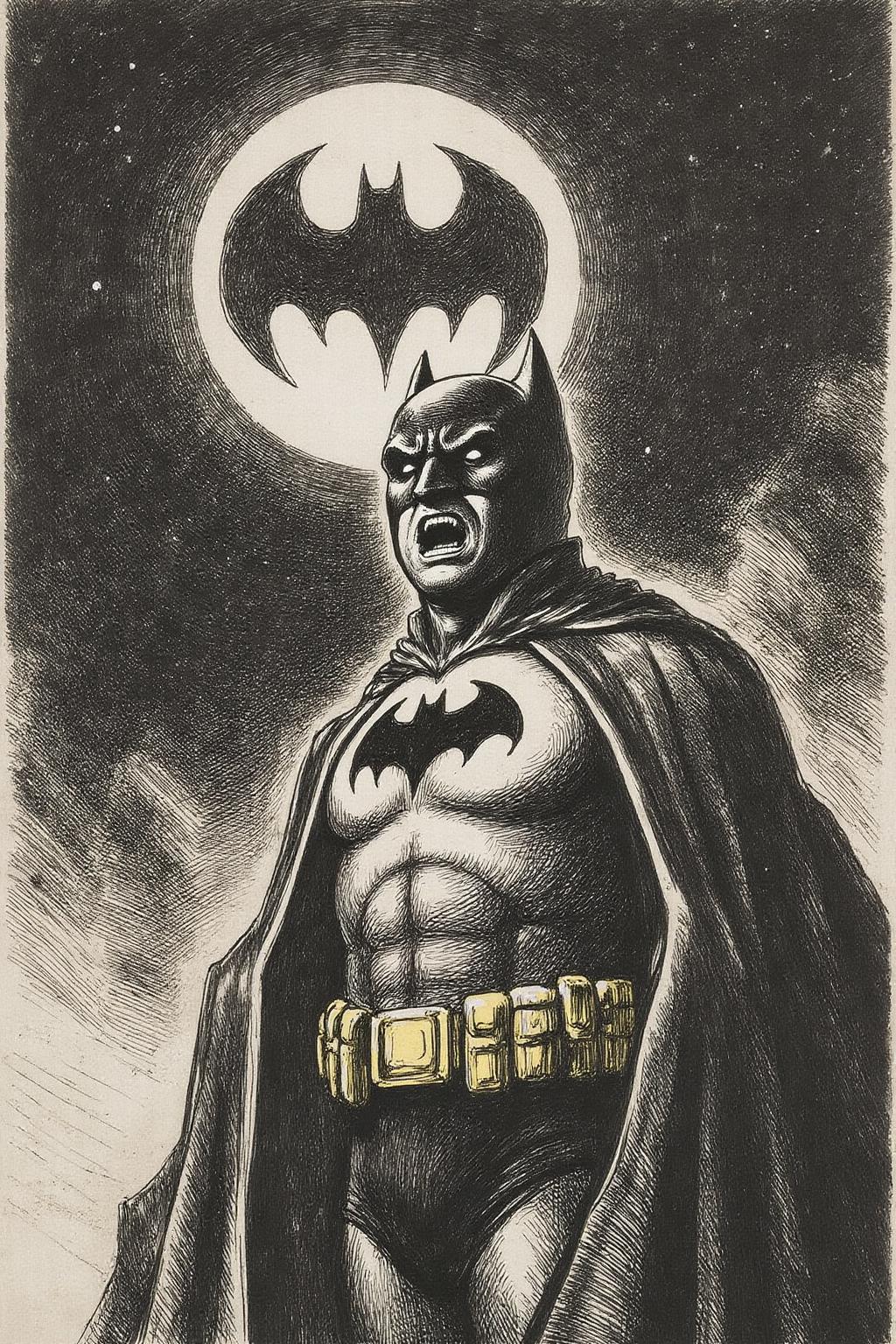 rembr1 etching.  
Batman shouting angrily. Background is the bat signal on a dark night sky 
  <lora:rembr_etch4_cap_d6a3e11:1.0><lora:810576001097581831:0>
