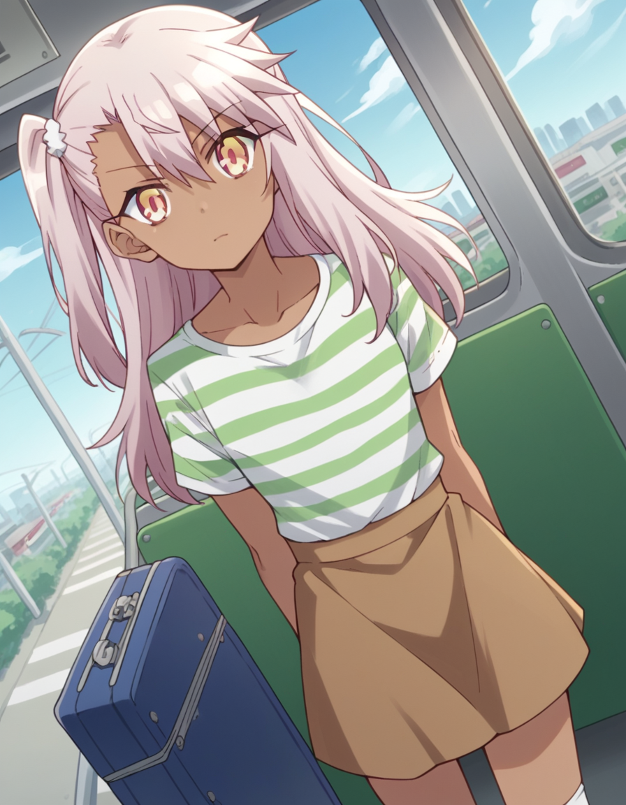 score_9, score_8_up, score_7_up, source_anime, <lora:chloe-von-einzbern-prisma-s2s3-ponyxl-lora-nochekaiser:1>,, chloe von einzbern, long hair, hair between eyes, yellow eyes, pink hair, dark skin, dark-skinned female,, skirt, shirt, collarbone, white shirt, short sleeves, shorts, socks, striped, one side up, white socks, brown skirt, striped shirt, green shirt,, train station, waiting for train, suitcase, traveling, commute, city skyline, hands behind back,, , looking at viewer, arm straight out to the side, solo,, cowboy shot, dutch angle