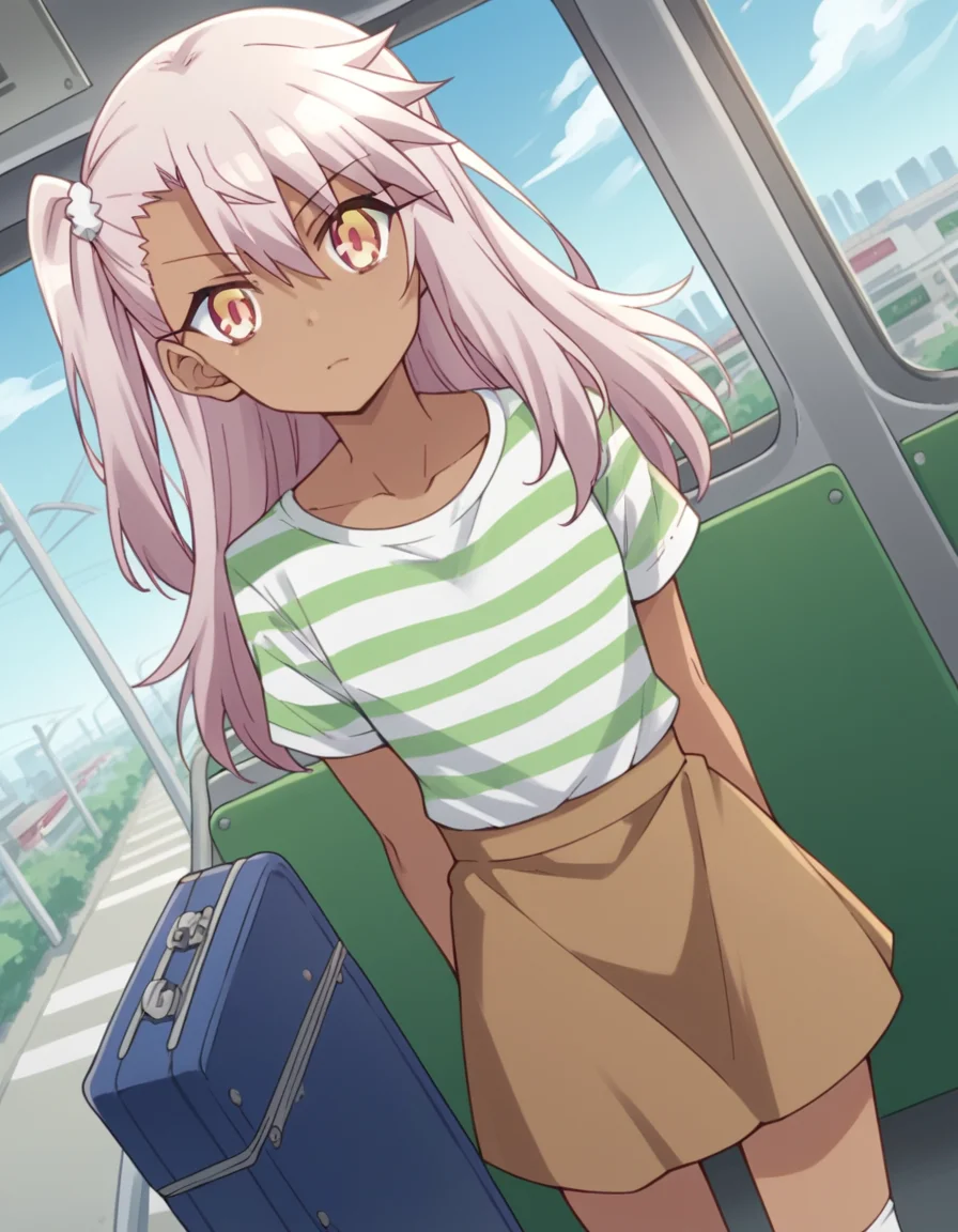 score_9, score_8_up, score_7_up, source_anime, <lora:chloe-von-einzbern-prisma-s2s3-ponyxl-lora-nochekaiser:1>,, chloe von einzbern, long hair, hair between eyes, yellow eyes, pink hair, dark skin, dark-skinned female,, skirt, shirt, collarbone, white shirt, short sleeves, shorts, socks, striped, one side up, white socks, brown skirt, striped shirt, green shirt,, train station, waiting for train, suitcase, traveling, commute, city skyline, hands behind back,, , looking at viewer, arm straight out to the side, solo,, cowboy shot, dutch angle