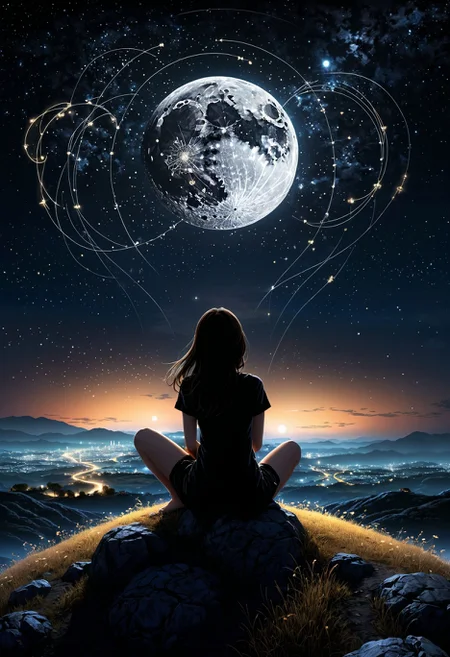 girl sitting on a small hill looking at night sky, fflix_dmatter, back view, distant exploding moon, nights darkness, intricate circuits and sensors, photographic realism style, detailed textures, peacefulness, mysterious.