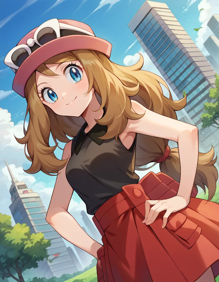 score_9, score_8_up, score_7_up, source_anime,
pokemonserena, <lora:pokemon-serena-ponyxl-lora-nochekaiser:1>
serena, long hair, blue eyes, brown hair, smile,
eyewear on head, hat, skirt, sunglasses, shirt, black shirt, sleeveless, red skirt, pink hat,
outdoors, cityscape,
looking at viewer, cowboy shot, dutch angle,