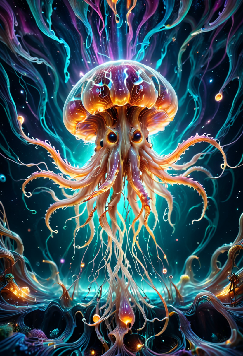 high quality, ultra detailed, abstract, fantasy, photo realistic, 4k, Fantastic lighting. Detailed shadows. intricate details, hyper-detailed, ultra-sharp, 8k , HDR+, 
3l3ctr0 A biomechanical squid floating in the void, its tendrils reaching for a distant, dying star. ,
 <lora:3l3ctr0-SDXL:0.85>