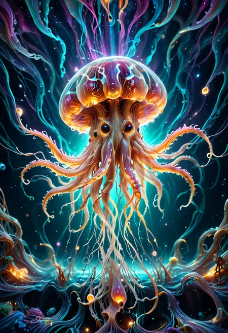 high quality, ultra detailed, abstract, fantasy, photo realistic, 4k, Fantastic lighting. Detailed shadows. intricate details, hyper-detailed, ultra-sharp, 8k , HDR+, 
3l3ctr0 A biomechanical squid floating in the void, its tendrils reaching for a distant, dying star. ,
 <lora:3l3ctr0-SDXL:0.85>