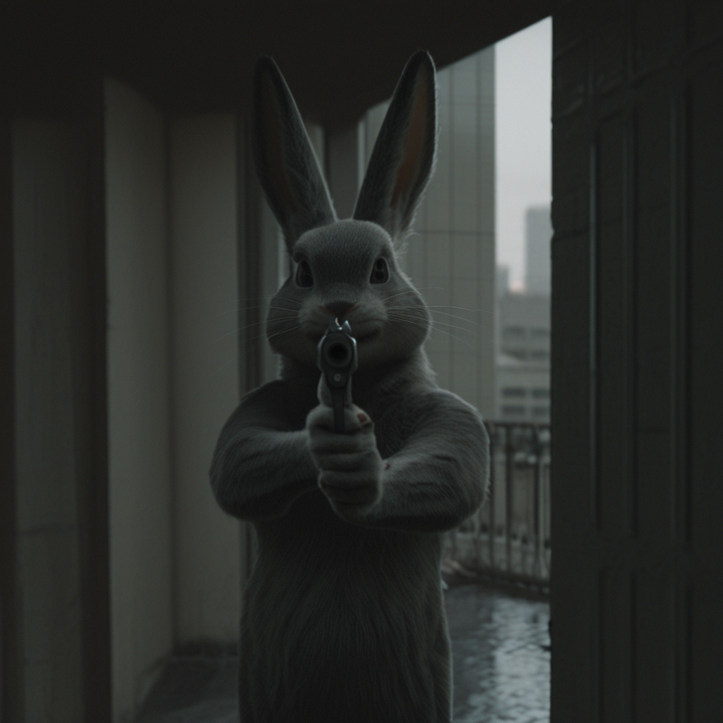masterpiece, best quality, amazing quality, very aesthetic, high resolution, ultra-detailed, absurdres, scenery, photorealistic, Prompt, BREAK, depth of field, photorealistic details, volumetric lighting,source_photo,solo,1boy,bugs bunny,furry male,rabbit ears,rabbit boy,holding gun,pointing gun at viewer,city,alleyway,smoke