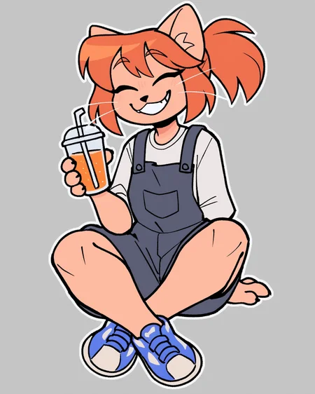 score_9_up, score_8_up, score_7_up, score_6_up, by remanedur, furry female, cat, female, furry, orange hair, eyes closed, overalls, ponytail, whiskers, small breasts, white shirt, bangs, sneakers, holding cup, looking at viewer, grin, smile, happy, head tilt, solo, three-quarter view, simple background, white outline, <lora:Leah_Pines(AIM)_XL_v1:0.15> <lora:PDXL_artist_tags_v2_big:0.5> <lora:The-Minuscule-Task_PDXL_v1.0:0.6> <lora:Abbey_Tompkins_jopitr:0.65>