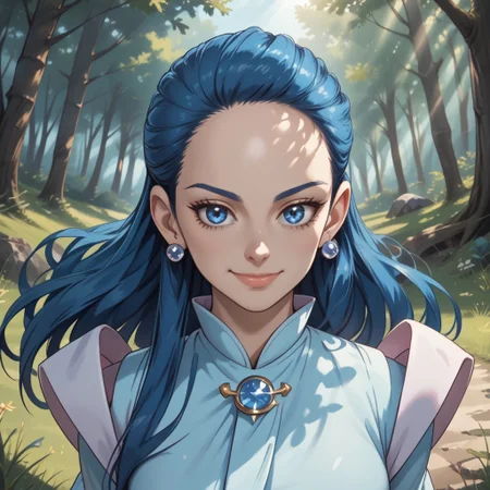score_9, score_8, BREAK, solo, 1girl, solo, kiryuu kaoru, blue hair, long hair, forehead, blue eyes, eyelashes, blue earings, jewelry, light blue dress, long sleeves, juliet sleeves, brooch, blue belt, blue pantyhose, white boots, white footwear, sexy pose, self portrait, smile, outdoors, sunlight, shadows, evening lighting, natural lighting, forest, trees, grass, orange sky, sunset