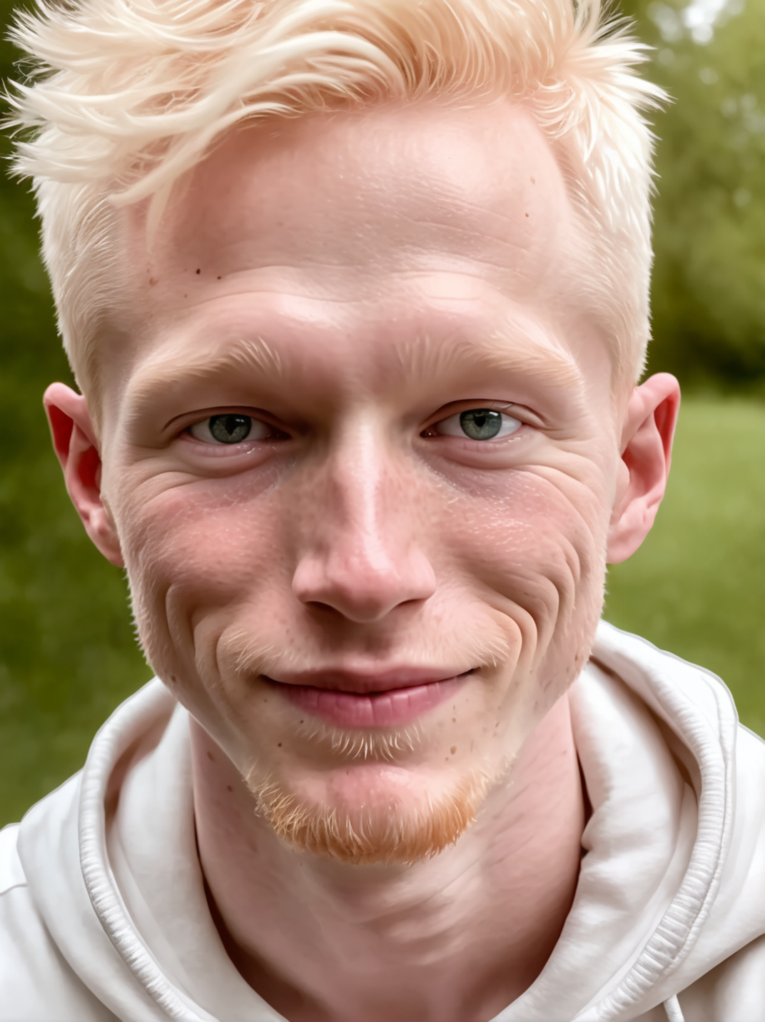 professional photograph, high resolution, 30yo drewsynthxl, portrait, solo, realistic, smile, albino,
face focus, from above,
in the park, overcast