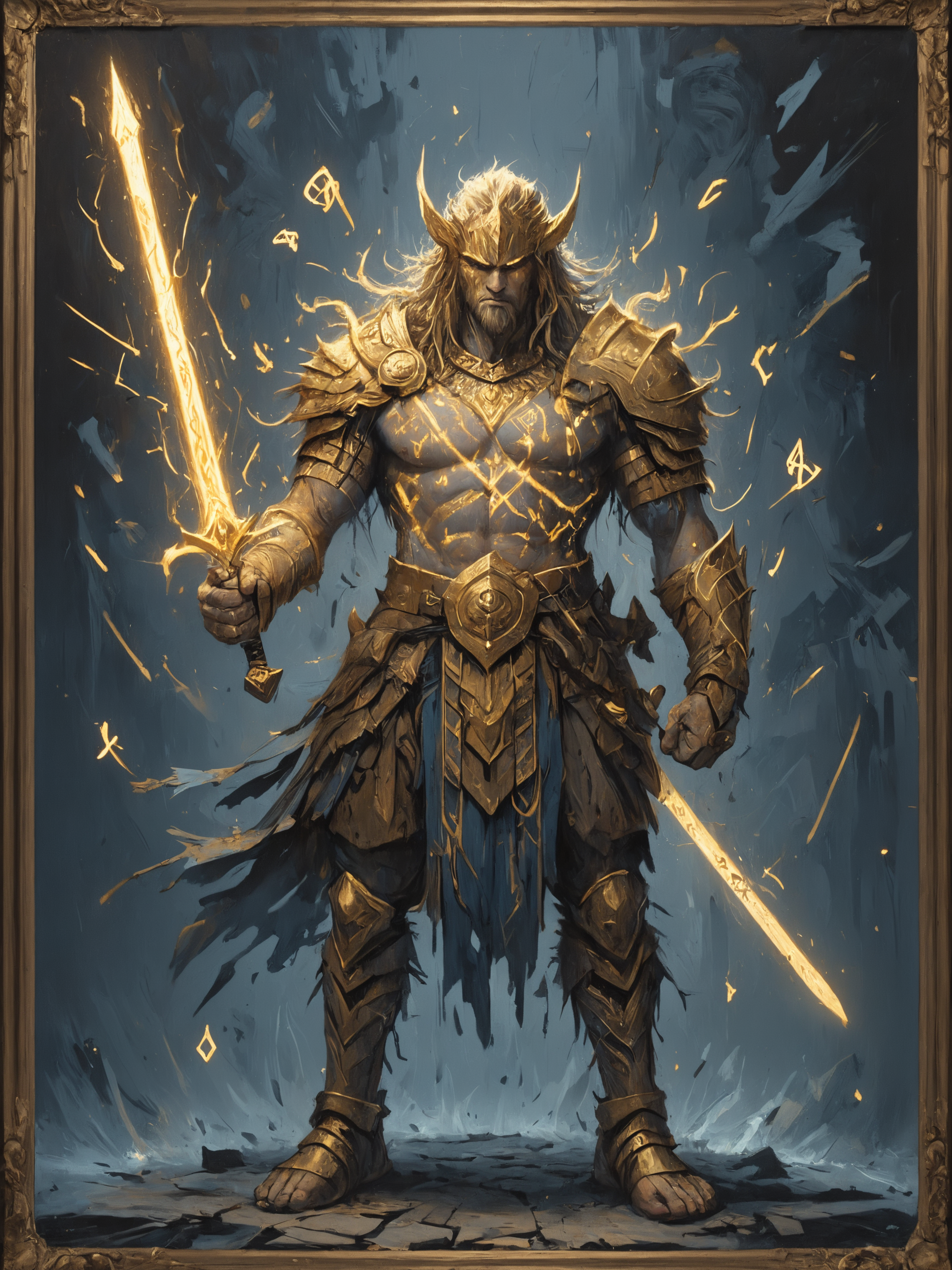 by Julie Mehretu, eclectic by Andre-Charles Boulle, intricate gold, canvas, detailed, barbarian, fantasy, <lora:Flashfire_Glowing_Runes:0.5>, Flashfire glowing runes, full body, blue, holds a sword,