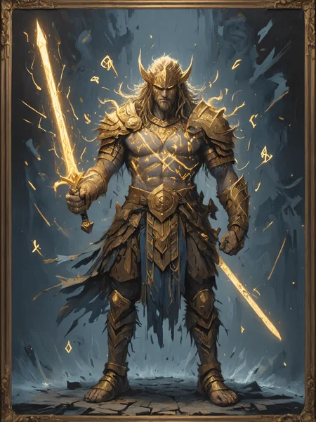 by Julie Mehretu, eclectic by Andre-Charles Boulle, intricate gold, canvas, detailed, barbarian, fantasy, <lora:Flashfire_Glowing_Runes:0.5>, Flashfire glowing runes, full body, blue, holds a sword,