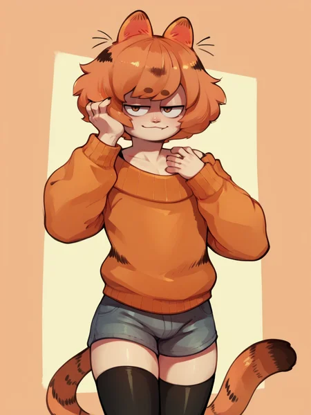 score_9, score_8_up, score_7_up, score_6_up, score_5_up, <lora:garfieldXLP:1> garfield, animal ears, solo, 1boy, tail, sweater, orange hair, short hair, thighhighs, shorts