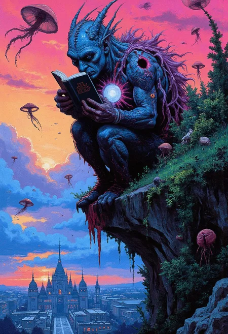 A strange, floating island high in the clouds, bathed in psychedelic hues of pinks, blues, and greens. The chameleon man is perched on the edge of the island, reading a brightly glowing book. His skin shifts colors to match the sky, while floating jellyfish-like creatures drift by. Below, a shimmering city made of glass and light stretches across the landscape, reflecting the dreamlike sky.
.
Vibrant, grotesque, and surreal with bold contrasts, heavy black outlines, and a blend of dreamlike autumnal hues; a mix of neon, retro, and pagan elements, inspired by Sean Aaberg’s punk-infused, chaotic energy and dreamcore's eerie, nostalgic undertones