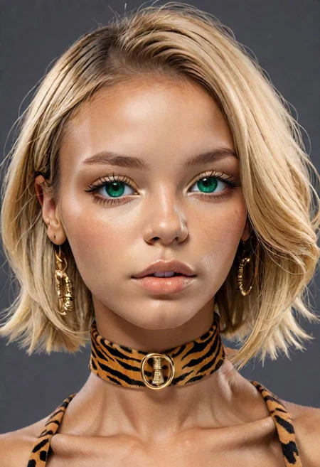 (masterpiece, best quality), female early twenties, well-defined, sub-saharan african, emerald eyes,  straight nose, u-shaped chin,  low cheekbones,  square face shape,   , dirty blonde
 long bob hair, loneliness
 wearing __bo/properties/color__    tiger print
 microfiber cheeky,  tanga,   collar pins ,,
, one hand covering the mouth, indicating shock or disbelief