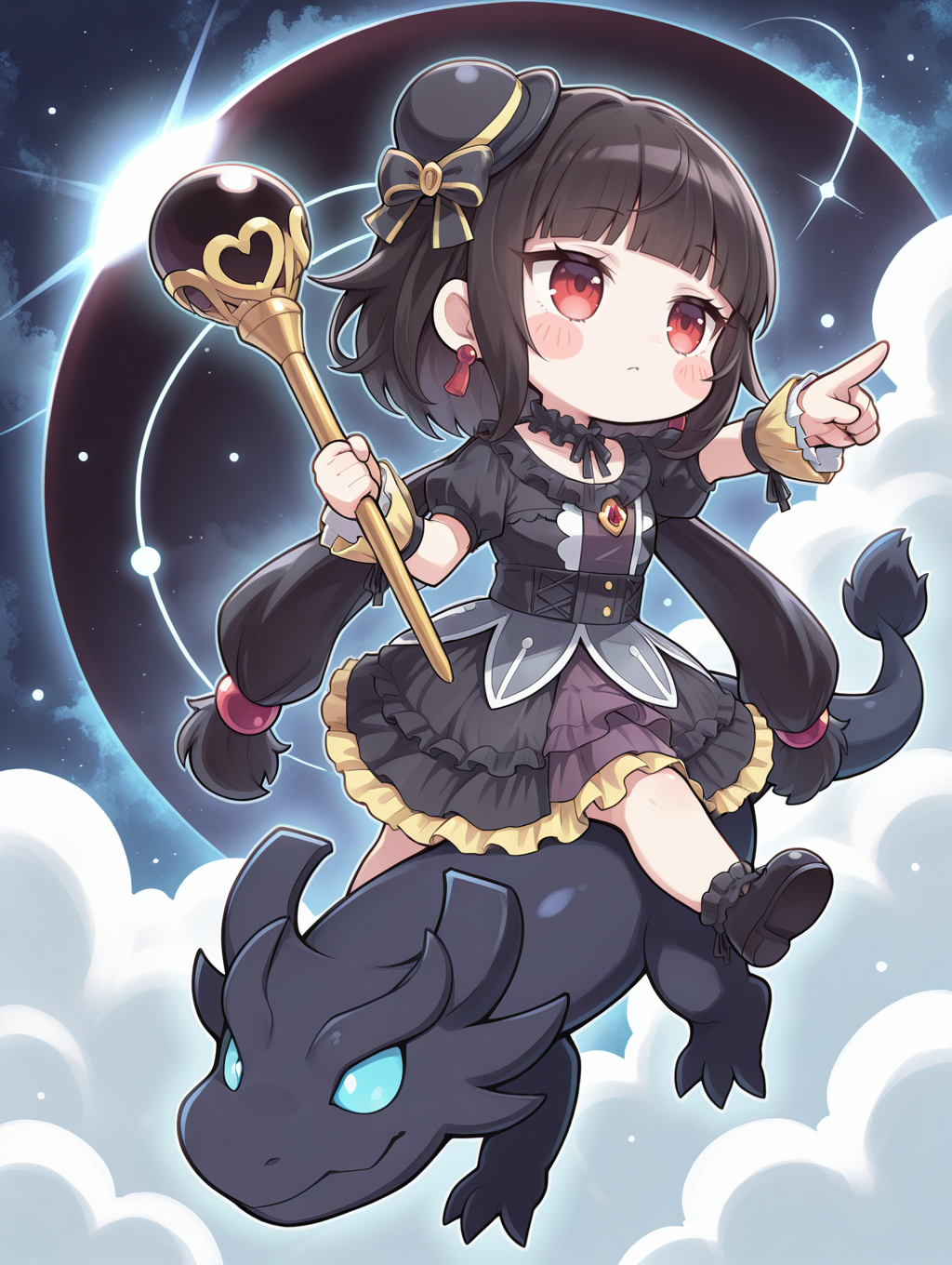 chibi,blunt bangs,moon of the closed heaven,1girl,solo,red earrings,closed mouth,staff,holding staff,riding,black frilled choker,black mini hat,cloud,black princess dress,yellow wrist cuffs,black dragon,1other,space,solar eclipse,blush stickers,pointing,
masterpiece,best quality,amazing quality,very aesthetic,apussbsurdres,newest,<lora:Moon of the Closed Heaven illuXL v1.1:0.72>,