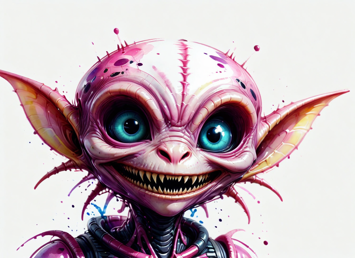 watercolor pink alien smiley species head close-up <lora:alien-species:1>