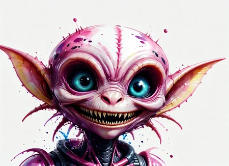 watercolor pink alien smiley species head close-up <lora:alien-species:1>