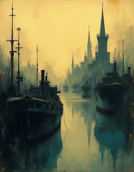 Panoramic view of a port, light and shadow on old paper, soot, smoke, fine lines, dystopia, abnormal, vibrant, human trace, dark fantasy<lora:Elden_Ring_-_Yoshitaka_Amano:1>