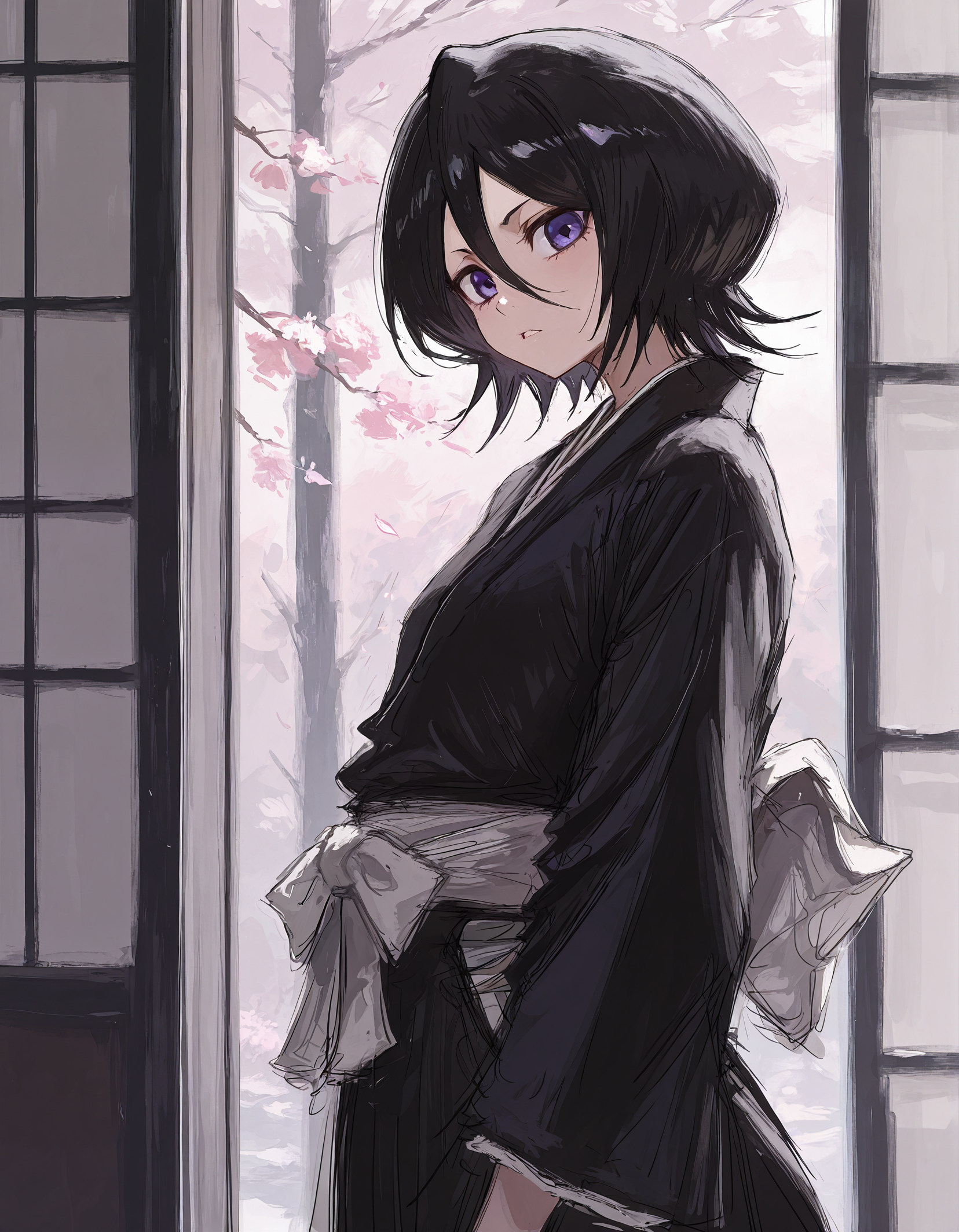masterpiece,  best quality, newest, highres, absurdres,  <lora:fuyumur4s4ki_style:1>,fuyumur4s4ki_illu,kuchiki rukia,  solo, black hair, 1girl, purple eyes, hair between eyes, looking at viewer, short hair, japanese clothes, kimono