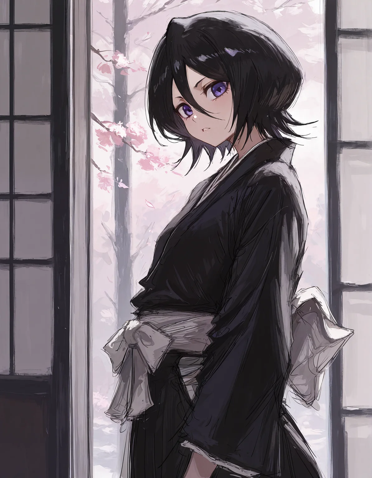 masterpiece, best quality, newest, highres, absurdres, <lora:fuyumur4s4ki_style:1>,fuyumur4s4ki_illu,kuchiki rukia, solo, black hair, 1girl, purple eyes, hair between eyes, looking at viewer, short hair, japanese clothes, kimono