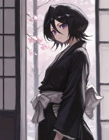 masterpiece,  best quality, newest, highres, absurdres,  <lora:fuyumur4s4ki_style:1>,fuyumur4s4ki_illu,kuchiki rukia,  solo, black hair, 1girl, purple eyes, hair between eyes, looking at viewer, short hair, japanese clothes, kimono