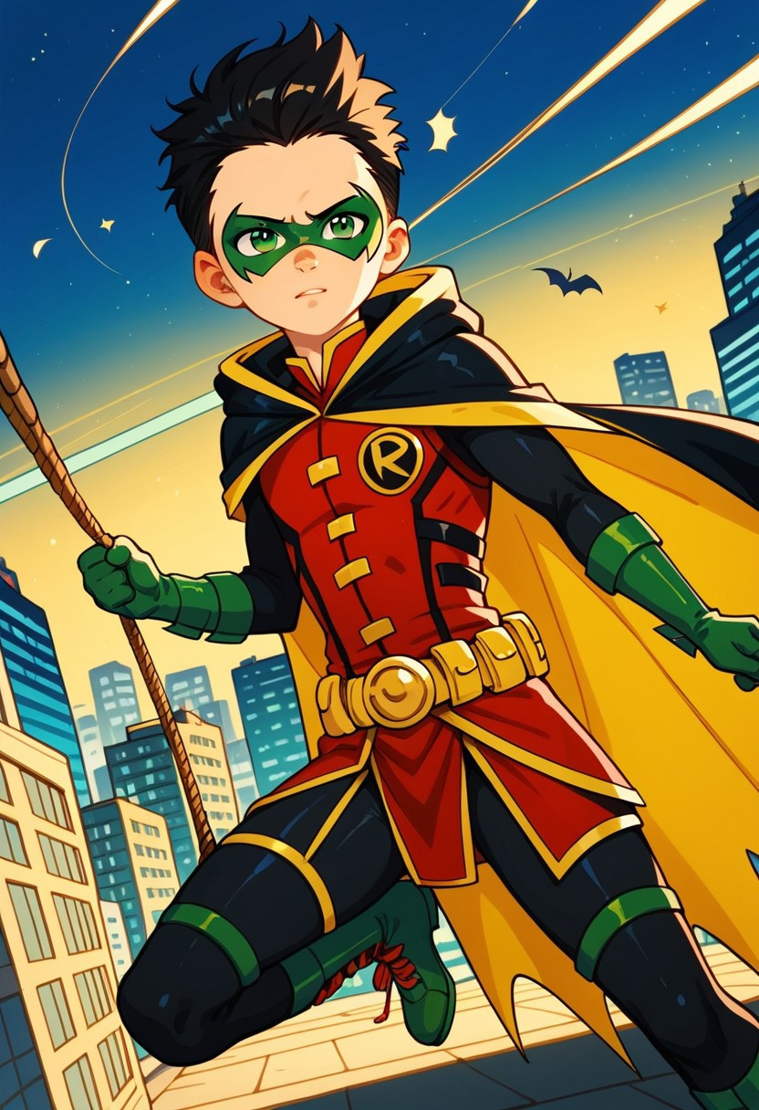 score_9,score_8_up,score_7_up, cute boy, 1boy, solo, young, damian_wayne, black hair, robin costume, cape, superhero, gloves, mask, belt, domino mask, green gloves, bodysuit, swinging from a rope, rope, outdoors, night time, mid-air, high altitude, bats, cityscape, dutch angle, ExpressiveH Negative Prompt