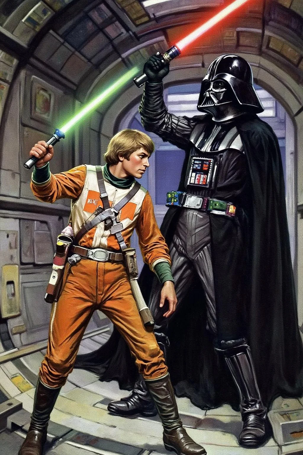 schoonover1 illustration. A dramatic scene from the Star Wars universe set inside a space station. On the left is Luke Skywalker, is dressed in his orange and white Rebel Alliance X-Wing Fighter pilot suit, holding a lightsaber. On the right is Darth Vader, viewed from behind, holding up his lightsaber, reading to strike. <lora:schoonover1_cap_d6a3e11:1.0><lora:831466962543690627:0>