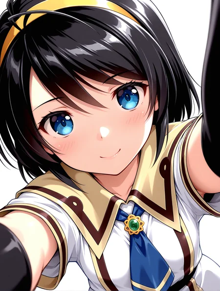 masterpiece,best quality,newest,
1girl,solo,
<lora:Panavia_Tornado_ilxl_v1.0:1>,panavia_t,antenna hair,yellow hairband,black hair,blue eyes,p_clothes,capelet,brooch,ascot,elbow gloves,
<lora:Fixhands_anime_bdsqlsz_V1:1>,<lora:Fixhands_anime_bdsqlsz_V1:1>,looking_at_viewer,face_focus,dynamic_angle,cinematic_angle,reaching,pointing,pov,smile,white_background,simple_background,blush,