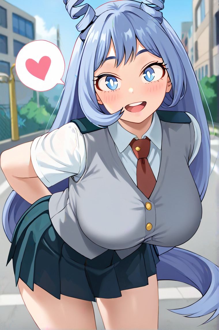 hadou nejire, boku no hero academia, absurdres, highres, 1girl, arms behind back, blue eyes, blue hair, blue skirt, blush, breasts, bright pupils, collared shirt, cowboy shot, heart, large breasts, leaning forward, long hair, looking at viewer, necktie, open mouth, pleated skirt, red necktie, school uniform, shirt, short sleeves, skirt, smile, solo, thigh gap, very long hair, vest, white shirt, school, outdoors <lora:hadou_nejire-000010:1>