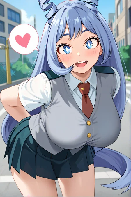 hadou nejire, boku no hero academia, absurdres, highres, 1girl, arms behind back, blue eyes, blue hair, blue skirt, blush, breasts, bright pupils, collared shirt, cowboy shot, heart, large breasts, leaning forward, long hair, looking at viewer, necktie, open mouth, pleated skirt, red necktie, school uniform, shirt, short sleeves, skirt, smile, solo, thigh gap, very long hair, vest, white shirt, school, outdoors <lora:hadou_nejire-000010:1>
