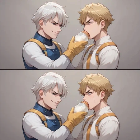 masterpiece, absurdres, best quality, high quality, 2boys, males only, yaoi, bottle feeding, blonde hair, white hair, smirk, humilliation, tears, 2koma, safety mittens, restraining booties, progression