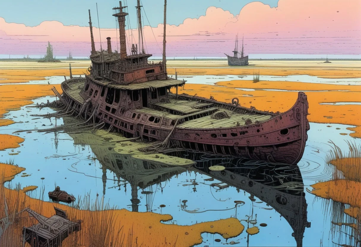 Landscape, Moebius (Jean Giraud) Style page, sunken ship, poison, swamp, marsh