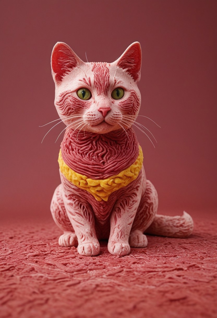 ((a cute chibby cat with big eyes made out of clay)), very detailed, 4k, sharp, eating rainbow wagyu meat made out of fractangles, novuschroma51 style, ((many meat bananas all over the place)), make meat yellow