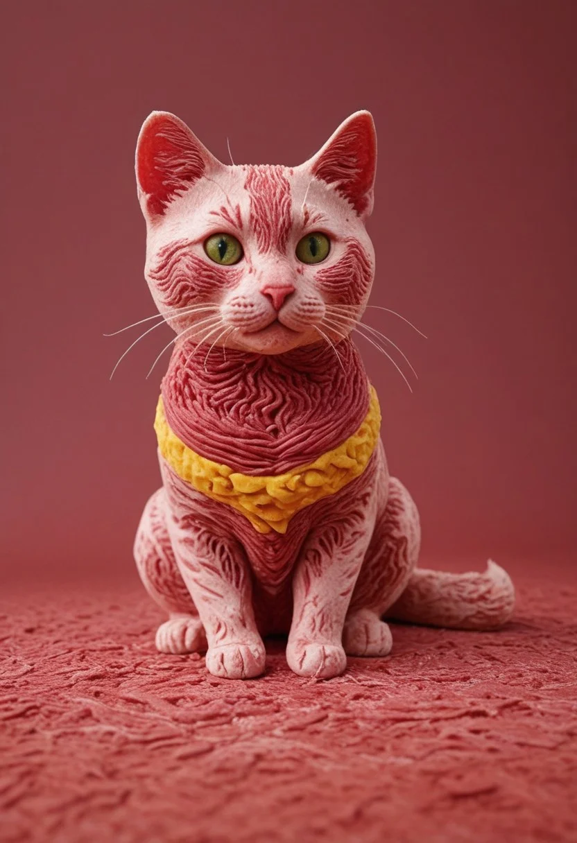 ((a cute chibby cat with big eyes made out of clay)), very detailed, 4k, sharp, eating rainbow wagyu meat made out of fractangles, novuschroma51 style, ((many meat bananas all over the place)), make meat yellow