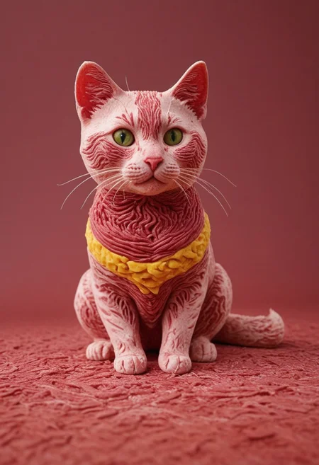 ((a cute chibby cat with big eyes made out of clay)), very detailed, 4k, sharp, eating rainbow wagyu meat made out of fractangles, novuschroma51 style, ((many meat bananas all over the place)), make meat yellow