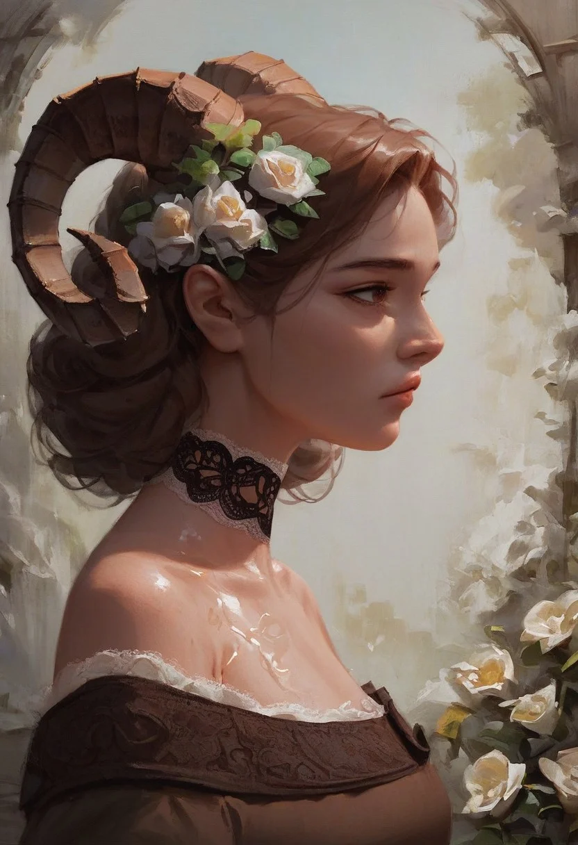 score_9, score_8_up, score_7_up, masterpiece, best quality, newest, absurdres, highres, 1girl,
oil painting, pail skinned, long straight brown hair, whi0te flower on hair, ram's horns. Expressive, brown eyes, small nose, full lips, off-shoulder, brown dress, lace trim, lace choker, upper body, from the side