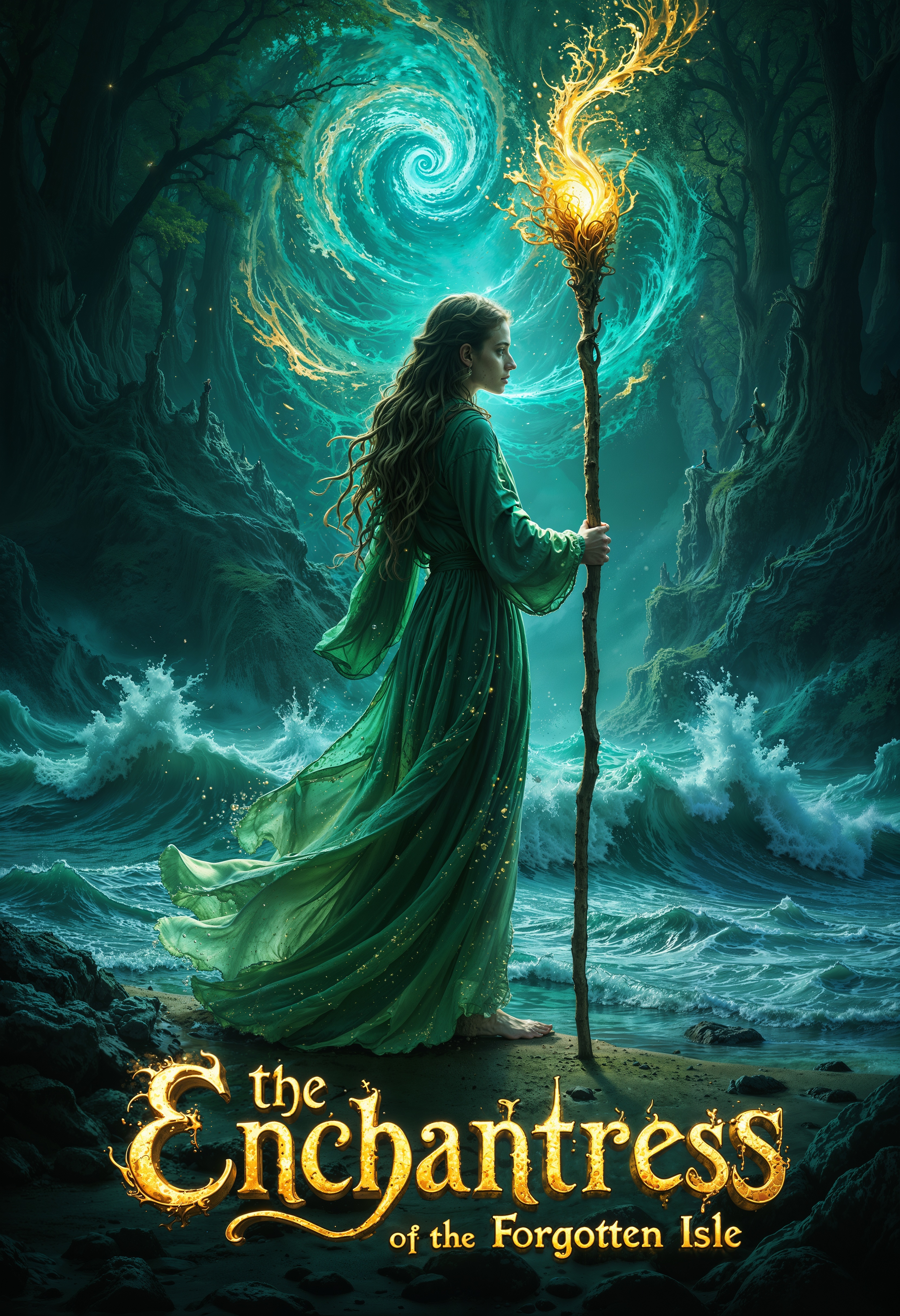 A magical, vibrant movie poster featuring a mystical sorceress standing on the shores of a forgotten island, bathed in a surreal twilight glow. Her flowing, emerald-green robes swirl around her as she raises a staff of ancient wood, its tip glowing with radiant energy. Behind her, a dark, enchanted forest looms, with shadowy creatures just visible among the trees. The ocean waves crash dramatically at her feet, illuminated by bioluminescent light. Above her, the stars form a brilliant, spiral constellation in the sky. The title "The Enchantress of the Forgotten Isle" is written in elegant, glowing script across the bottom, with shimmering sparkles surrounding the text, matching the magical atmosphere of the scene.