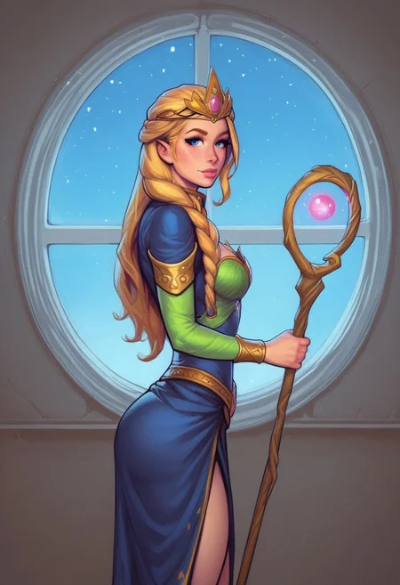 1girl, (((side view))), from front, solo, illustration, comic style, highly detailed, skinny, model body, looking at viewer, masterpiece, best quality, 1girl, masterpiece, best quality, fayenchantress, 1girl, solo, blonde hair, long hair, blue eyes, (young beauty, fit body:1.3), ((((magic shining orb in staff right hand, opened magic book in left hand)))), ((((magic clothes, tiara)))), dynamic pose
<lora:FayEnchantress:0.9>
BREAK
(((dark magic Observatory inside, night sky in window:1.6)))) score_9, score_8_up, score_7_up, score_6_up, source_cartoon, rating_explicit, Expressiveh, ((((full body))))), dynamic pose