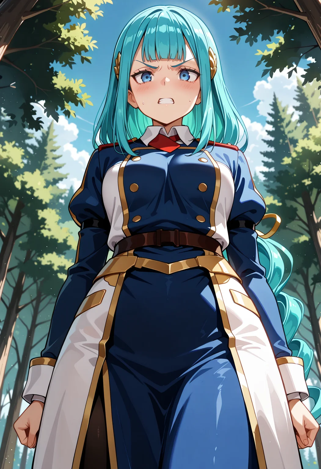 <lora:SueleciaIL:1>, suelecia,
angry, solo,
cowboy shot, long dress, uniform, forest, sky, low angle,
masterpiece,best quality,amazing quality,