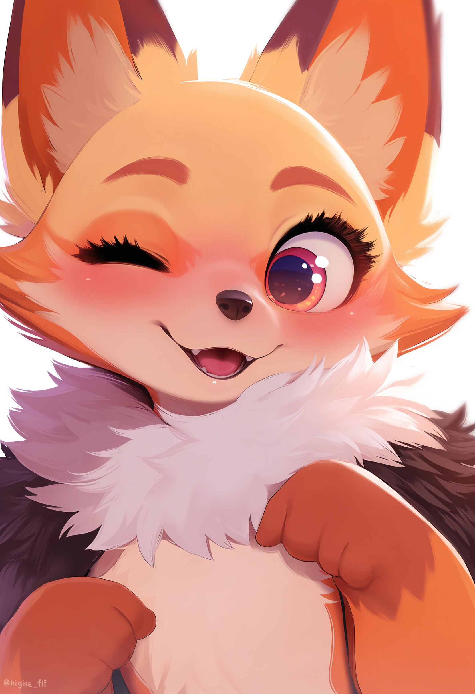 masterpiece, furry fox, orange fur, white fur trim, big eyes, wide smile, blush, seductive wink, white background
<lora:Maid Magic_Furry-V1:0.7>