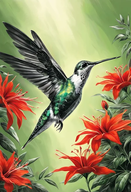 Charcoal drawing, crayons, Create a vibrant image of a hummingbird hovering mid-air, its iridescent feathers catching the sunlight as it delicately sips nectar from a bright red flower. The hummingbird's wings should be blurred slightly to convey its rapid movement, while its slender beak and long tail should be intricately detailed. Surround the scene with lush green foliage and colorful blooms to evoke the vibrant atmosphere of a tropical garden