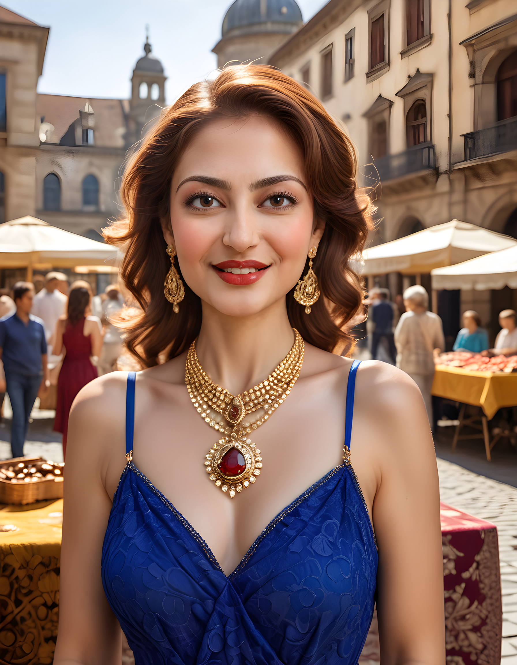 In a bustling, sun-drenched cobblestone square filled with vibrant stalls and the chatter of local vendors, a captivating woman with chestnut-brown hair cascading down her shoulders, adorned in an elegant, royal blue dress that complements her deep brown eyes, stands alone. Her lips curved in a soft smile, accentuated by delicate red lipstick, as she locks eyes with the viewer. A glimmer of gold from various necklaces and earrings catches the sunlight, while she gracefully holds an antique am832rrb camera, poised to capture the moment. The rich hues of her attire contrast beautifully with the warm, golden tones of the square's architecture, creating a vivid and engaging scene that invites the viewer into a timeless narrative.