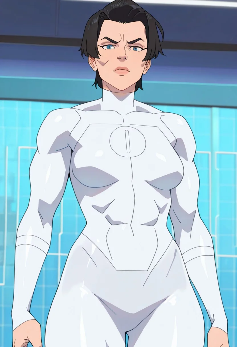 masterpiece, best quality, newest, absurdres, highres, Invincible-show-style-INVPACK.V1.0,
AnissaINVPACK.V1.0,
1girl, female focus, bodysuit, Viltrumite bodysuit, muscular, muscular female, athletic female, short hair, black hair,