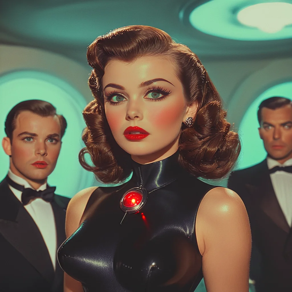 <lora:40sTechnicolorCyberpunkSDXL:1>  ArsMovieStill, movie still from a technicolor 1940s cyberpunk film, The image shows a woman in a black dress standing next to a man in a tuxedo both of them illuminated by lights from the ceiling. The woman has a human face and is wearing a suit., 1girl, 1boy, formal, blurry, brown hair, lipstick, makeup, red lips, suit, curly hair