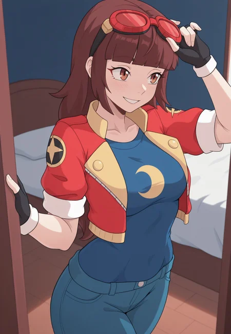 masterpiece, best quality, newest, absurdres, highres, luna-utopus, long hair, brown hair, brown eyes, blunt bangs, fingerless gloves, red jacket, eyewear on head, black gloves, open jacket, cropped jacket, goggles on head, blue shirt, crescent on shirt, short sleeves, solo, alone, bedroom, standing, happy,