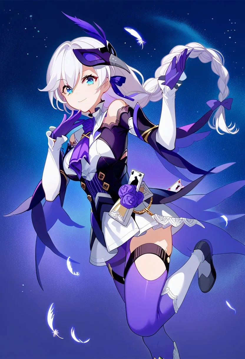 score_9, score_8_up, score_7_up, source_anime, good anatomy, vibrant colors, 1girl, solo, KallenRogueSixthSerenade, white hair, braided hair, blue eyes, hair between eyes, violet hair ribbon, violet ascot, violet roses, white collar, frilled collar, white undershirt, dark purple overshirt, golden buttons, bare shoulders, shoulder cutout, white sleeves, purple gloves, white skirt, miniskirt, purple pantyhose, thigh cutouts, cards, thigh straps, raven mask, purple feather, standing, on one leg, knee up, official art, smiling, starry sky background