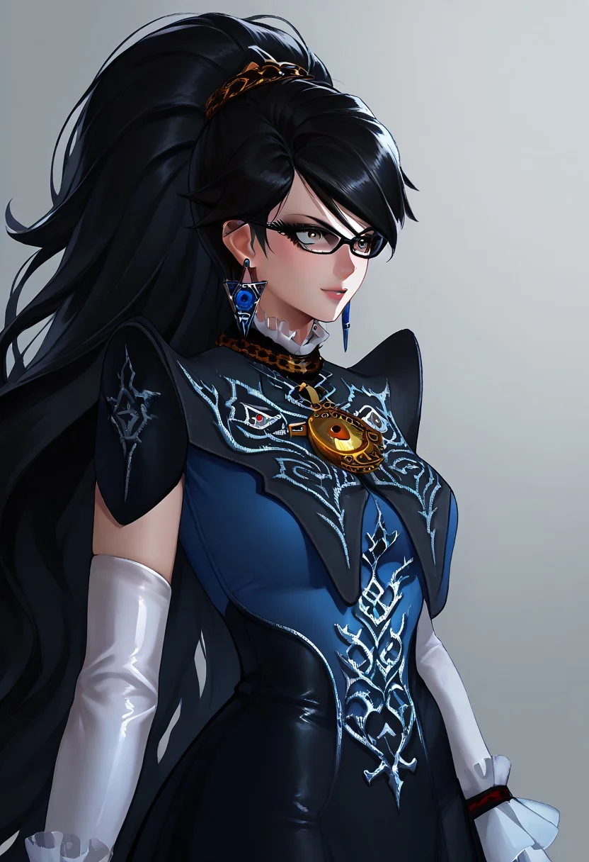 ,score_9, score_8_up, score_7_up,<lora:brawl_style_1_2_R:0.8>, 1girl, brawl, bayonetta 2, Black Hair, Very Long Hair, Epic Hair, Big Hair, Wavy Hair, Ponytail, Dual Bun, Brawl Stars Style, Blue Triangle Earrings, Gray Eyes, White Long Gloves, Long Sleeves, Black Skirt, Eyeglasses, Half Body, {{Sakimichan Style}}, source_anime