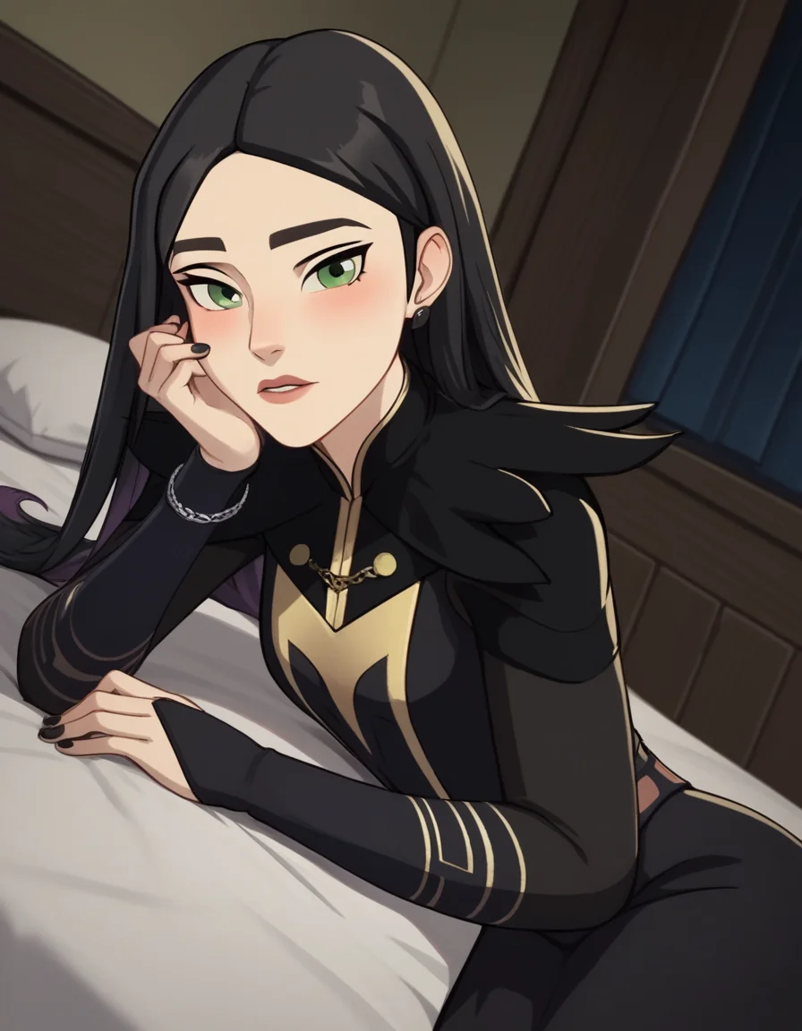 score_9, score_8_up, score_7_up, source_anime, <lora:dragon-prince-claudia-ponyxl-lora-nochekaiser:1>, claudia, long hair, black hair, green eyes, lips,, long sleeves, dress, jewelry, earrings, nail polish, black dress, black nails,, indoors, bed, bed room, on side, blush, drunk, looking at viewer, solo, cowboy shot, dutch angle