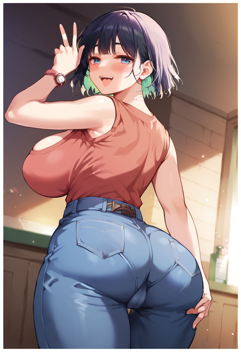 score_9, score_7_up,  1girl, 
huge breasts, wide hips, thick thighs, v, white border, solo, wristwatch, border, cameltoe, watch, blue eyes, denim, breasts, short hair, open mouth, black hair, smile, hair intakes, ass, pants, blush, cowboy shot, shirt tucked in, heart, jeans, purple hair, thighs, blunt bangs, character name, high-waist pants, looking back, green hair
 <lora:ikura_nagisa-Style-PonyXL-GLoRA-000038:1>