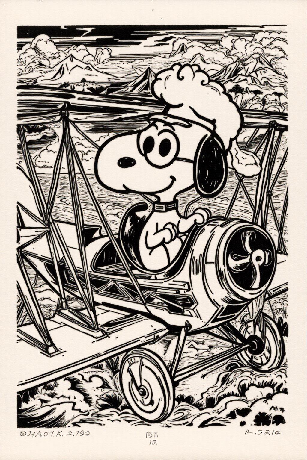 k1ooster black and white drawing of Snoopy piloting a Sopwith Camel WW1 biplane <lora:Klooster.Border.D8A4.R15E10.ep10:1.0> <lora:Flux-Sch-SingleBlocks-BF16:1.0><lora:796084991894435756:0>