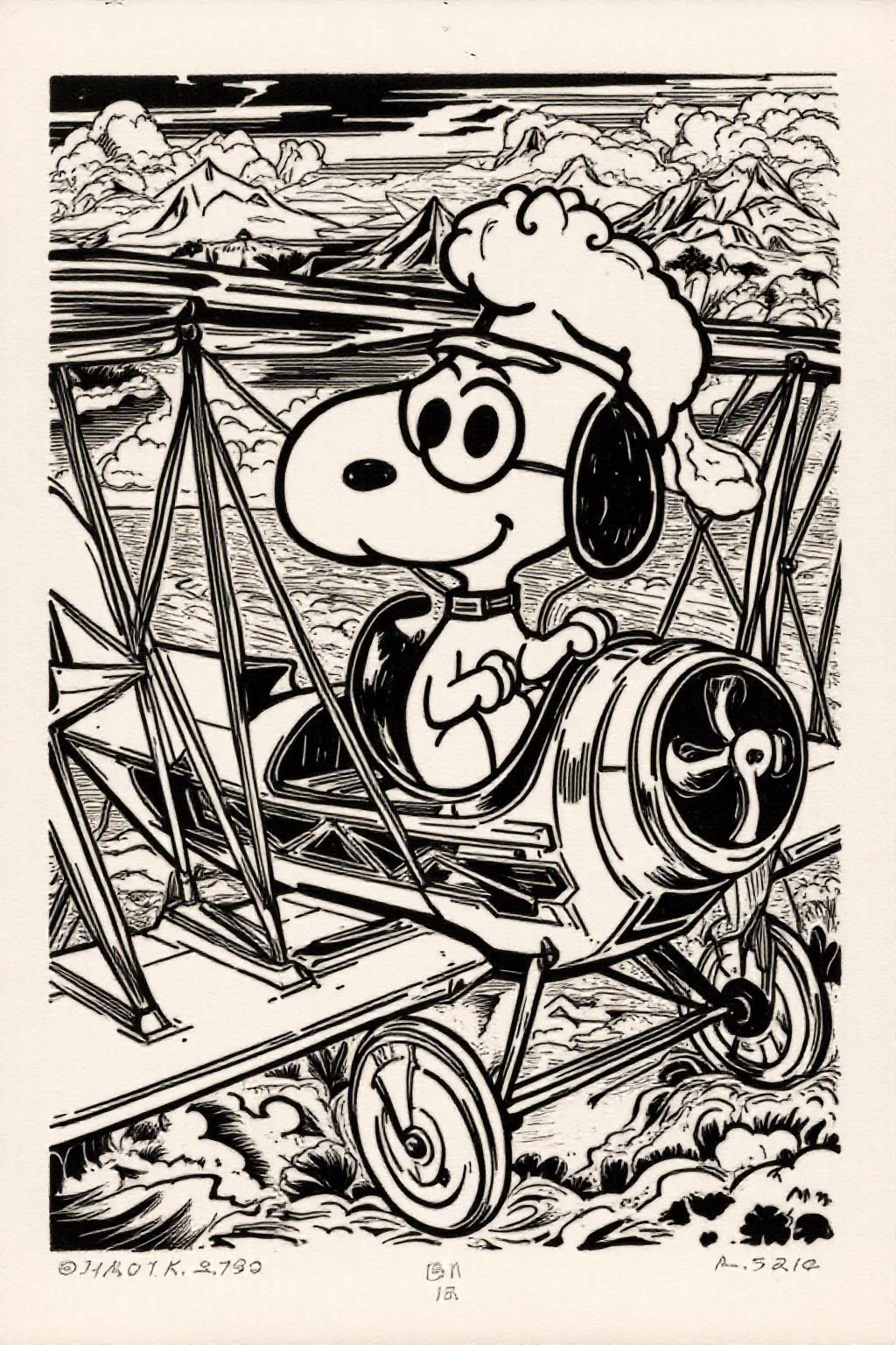 k1ooster black and white drawing of Snoopy piloting a Sopwith Camel WW1 biplane <lora:Klooster.Border.D8A4.R15E10.ep10:1.0> <lora:Flux-Sch-SingleBlocks-BF16:1.0><lora:796084991894435756:0>