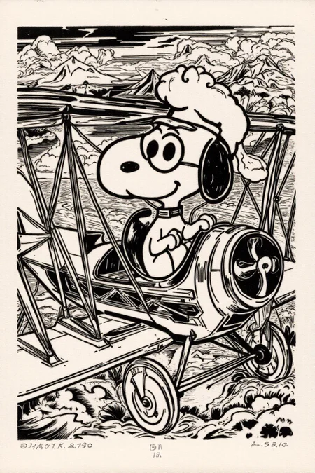 k1ooster black and white drawing of Snoopy piloting a Sopwith Camel WW1 biplane <lora:Klooster.Border.D8A4.R15E10.ep10:1.0> <lora:Flux-Sch-SingleBlocks-BF16:1.0><lora:796084991894435756:0>